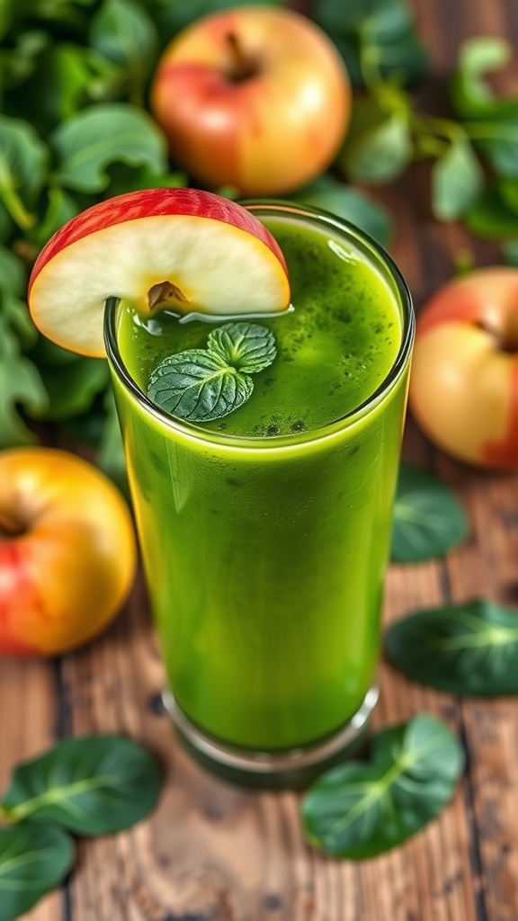 A glass of refreshing green spinach juice with apple slice and mint garnish on a wooden table.